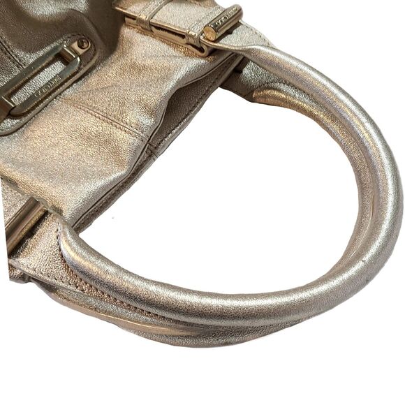 Jimmy Choo (Authentic) Tulita Champagne Gold Leather Buckle Satchel Handbag VGUC - Picture 9 of 12
